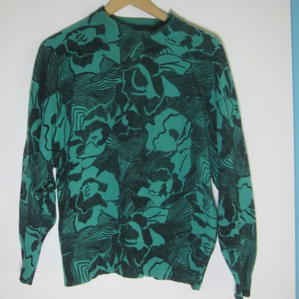 VINTAGE 1980 Sz M Fenn Wright & Manson Sweater "Workshop" Green Black Wool Knit